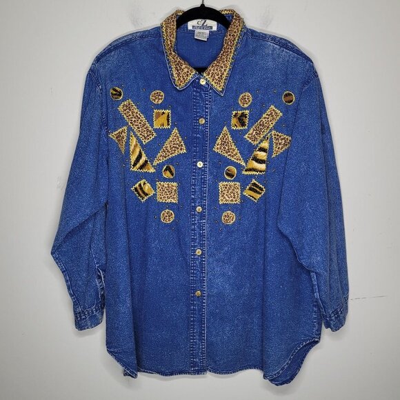CZ Club Z Womens Blue Denim Animal Patchwork Studded Button up VTG 22 24 - Picture 12 of 12
